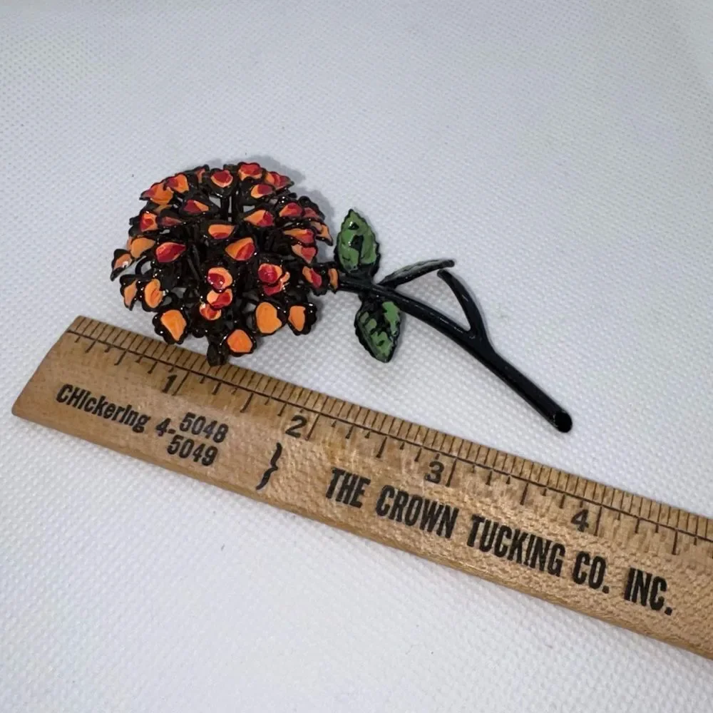 Vintage MCM Flower Power Orange Dahlia Enamel Painted Pot Metal Brooch Pin